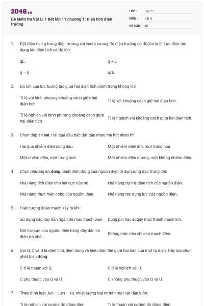 Đề kiểm tra Vật Lí 1 tiết lớp 11 chương 1: Điện tích điện trường
