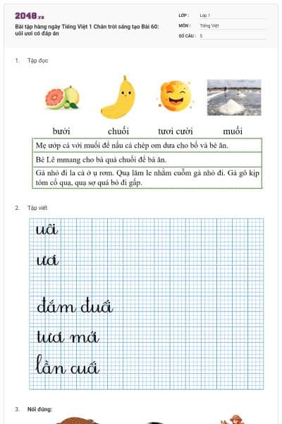 Bài tập hàng ngày Tiếng Việt 1 Chân trời sáng tạo Bài 60: uôi ươi có đáp án
