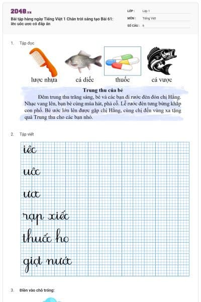Bài tập hàng ngày Tiếng Việt 1 Chân trời sáng tạo Bài 61: iêc uôc ươc có đáp án
