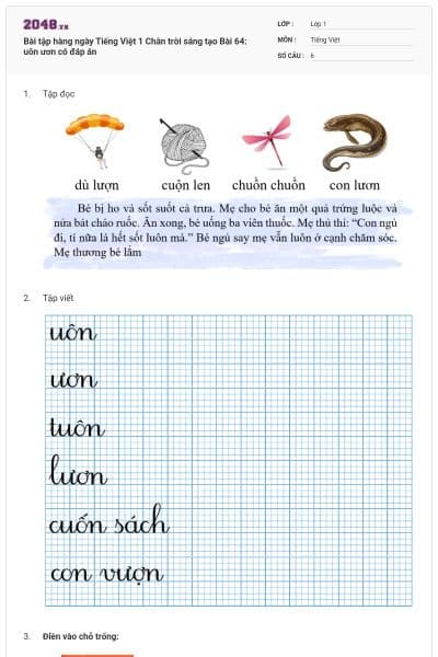 Bài tập hàng ngày Tiếng Việt 1 Chân trời sáng tạo Bài 64: uôn ươn có đáp án