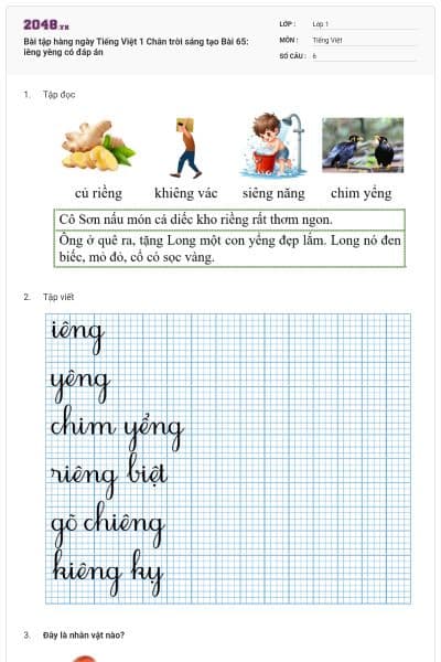 Bài tập hàng ngày Tiếng Việt 1 Chân trời sáng tạo Bài 65: iêng yêng có đáp án