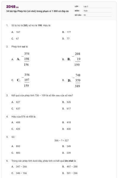 34 bài tập Phép trừ (có nhớ) trong phạm vi 1 000 có đáp án