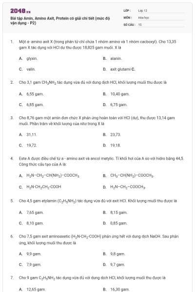Bài tập Amin, Amino Axit, Protein có giải chi tiết (mức độ vận dụng - P2)