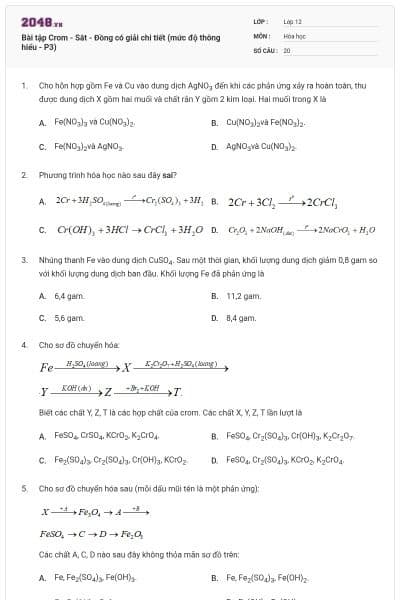 Bài tập Crom - Sắt - Đồng có giải chi tiết (mức độ thông hiểu - P3)