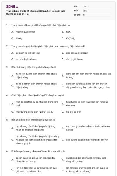 Trắc nghiệm Vật lý 11 chương 3 Dòng điện tron các môi trường có đáp án (P2)