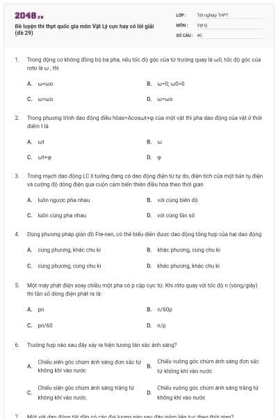 Đề luyện thi thpt quốc gia môn Vật Lý cực hay có lời giải (đề 29)