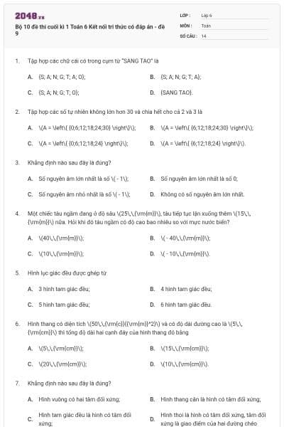 Bộ 10 đề thi cuối kì 1 Toán 6 Kết nối tri thức có đáp án - đề 9