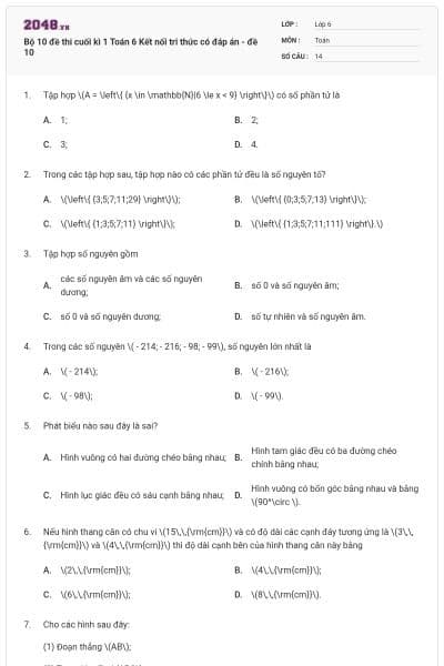 Bộ 10 đề thi cuối kì 1 Toán 6 Kết nối tri thức có đáp án - đề 10