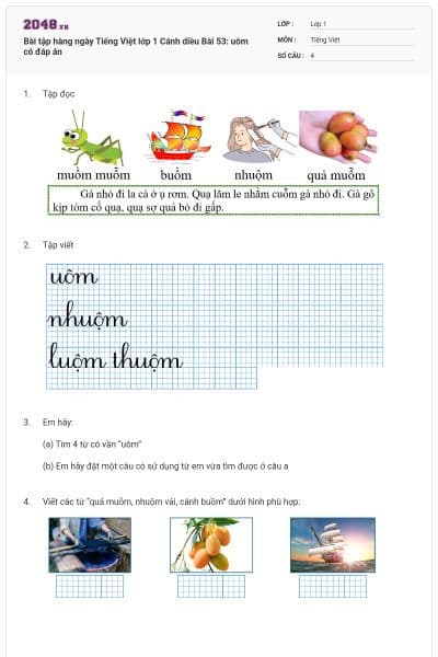 Bài tập hàng ngày Tiếng Việt lớp 1 Cánh diều Bài 53: uôm có đáp án