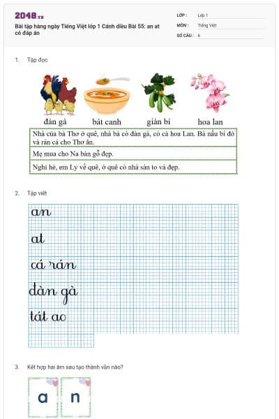 Bài tập hàng ngày Tiếng Việt lớp 1 Cánh diều Bài 55: an at có đáp án