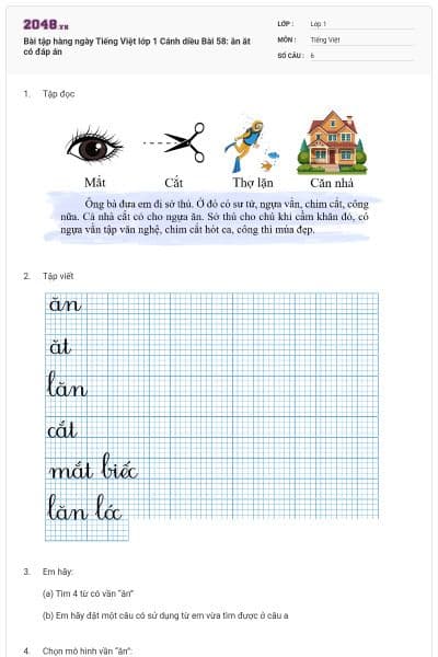Bài tập hàng ngày Tiếng Việt lớp 1 Cánh diều Bài 58: ăn ăt có đáp án