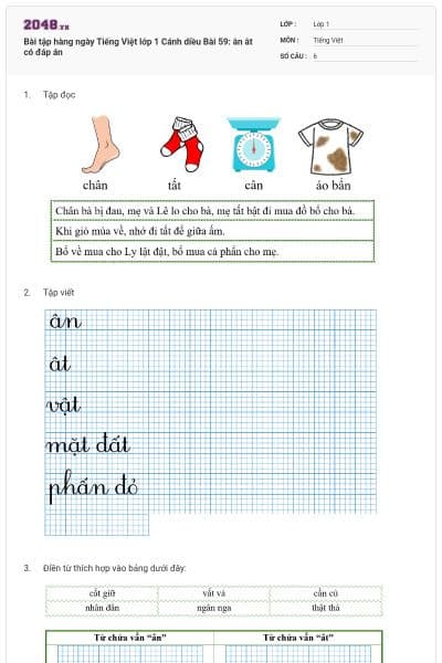 Bài tập hàng ngày Tiếng Việt lớp 1 Cánh diều Bài 59: ân ât có đáp án