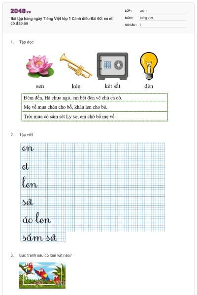 Bài tập hàng ngày Tiếng Việt lớp 1 Cánh diều Bài 60: en et có đáp án