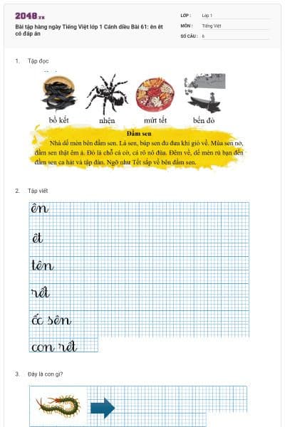 Bài tập hàng ngày Tiếng Việt lớp 1 Cánh diều Bài 61: ên êt có đáp án