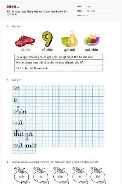 Bài tập hàng ngày Tiếng Việt lớp 1 Cánh diều Bài 64: in it có đáp án
