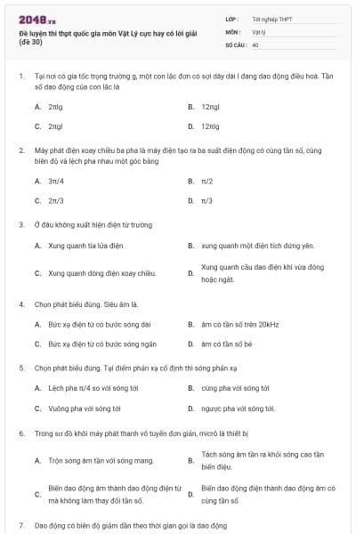 Đề luyện thi thpt quốc gia môn Vật Lý cực hay có lời giải (đề 30)