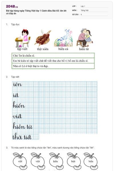 Bài tập hàng ngày Tiếng Việt lớp 1 Cánh diều Bài 65: iên iêt có đáp án