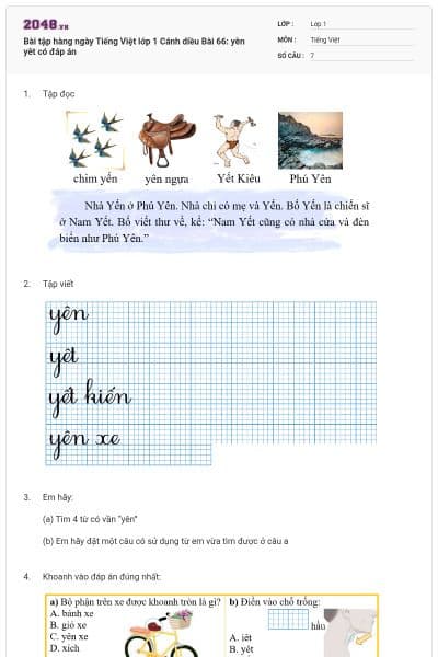 Bài tập hàng ngày Tiếng Việt lớp 1 Cánh diều Bài 66: yên yêt có đáp án