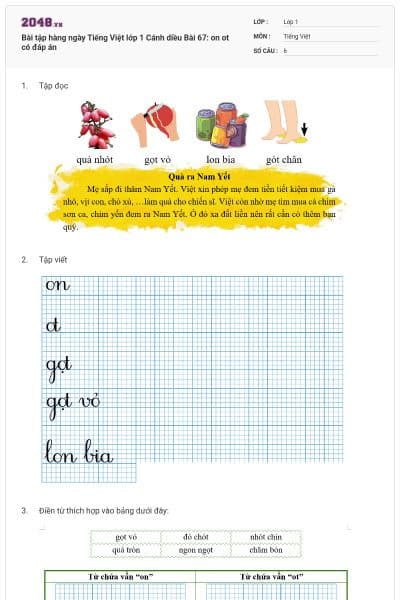 Bài tập hàng ngày Tiếng Việt lớp 1 Cánh diều Bài 67: on ot có đáp án