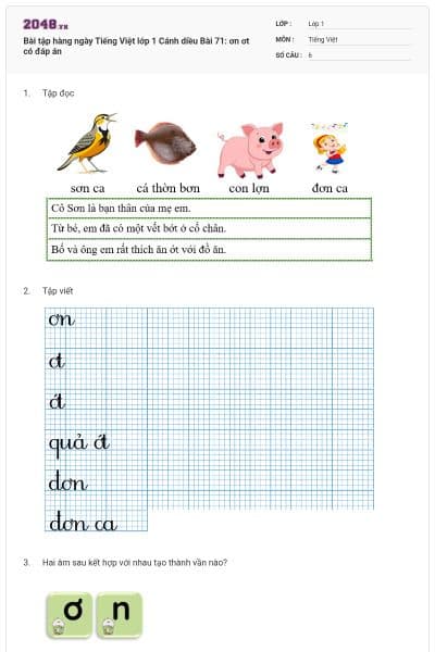 Bài tập hàng ngày Tiếng Việt lớp 1 Cánh diều Bài 71: ơn ơt có đáp án