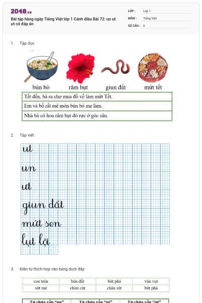 Bài tập hàng ngày Tiếng Việt lớp 1 Cánh diều Bài 72: un ut ưt có đáp án