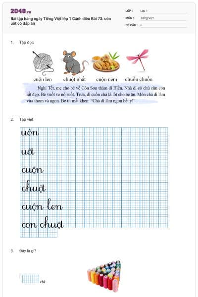 Bài tập hàng ngày Tiếng Việt lớp 1 Cánh diều Bài 73: uôn uôt có đáp án