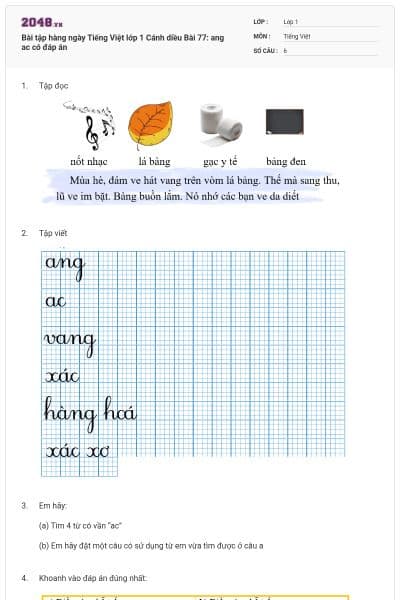 Bài tập hàng ngày Tiếng Việt lớp 1 Cánh diều Bài 77: ang ac có đáp án