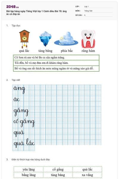Bài tập hàng ngày Tiếng Việt lớp 1 Cánh diều Bài 78: ăng ăc có đáp án