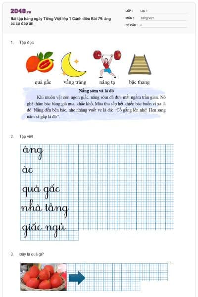 Bài tập hàng ngày Tiếng Việt lớp 1 Cánh diều Bài 79: âng âc có đáp án