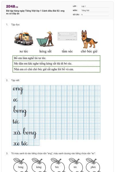 Bài tập hàng ngày Tiếng Việt lớp 1 Cánh diều Bài 82: eng ec có đáp án