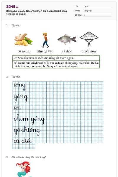 Bài tập hàng ngày Tiếng Việt lớp 1 Cánh diều Bài 83: iêng yêng iêc có đáp án