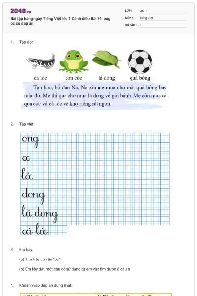 Bài tập hàng ngày Tiếng Việt lớp 1 Cánh diều Bài 84: ong oc có đáp án