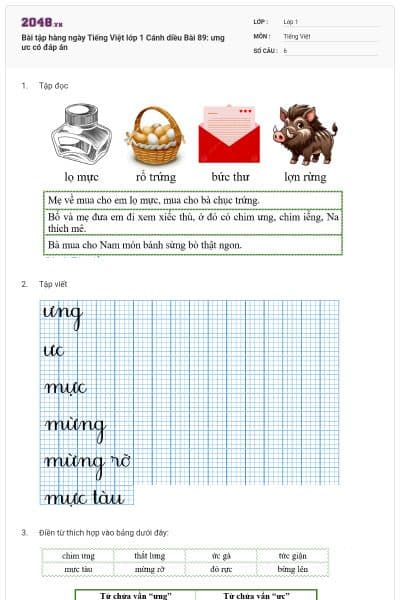 Bài tập hàng ngày Tiếng Việt lớp 1 Cánh diều Bài 89: ưng ưc có đáp án