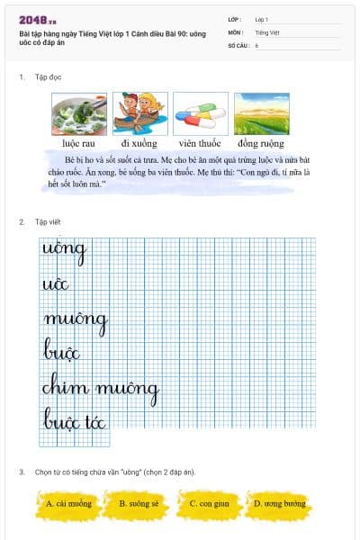 Bài tập hàng ngày Tiếng Việt lớp 1 Cánh diều Bài 90: uông uôc có đáp án