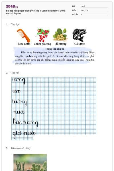 Bài tập hàng ngày Tiếng Việt lớp 1 Cánh diều Bài 91: ương ươc có đáp án