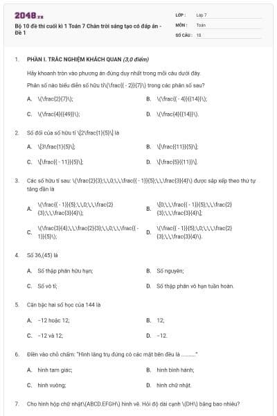 Bộ 10 đề thi cuối kì 1 Toán 7 Chân trời sáng tạo có đáp án - Đề 1