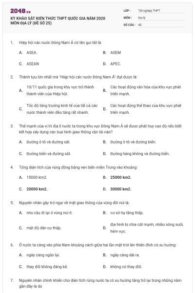 KỲ KHẢO SÁT KIẾN THỨC THPT QUỐC GIA NĂM 2020 MÔN ĐỊA LÝ (ĐỀ SỐ 25)