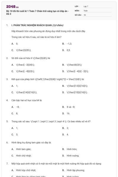 Bộ 10 đề thi cuối kì 1 Toán 7 Chân trời sáng tạo có đáp án - Đề 3