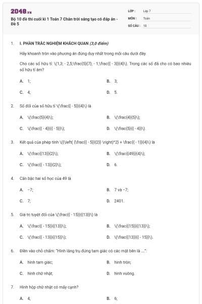 Bộ 10 đề thi cuối kì 1 Toán 7 Chân trời sáng tạo có đáp án - Đề 5