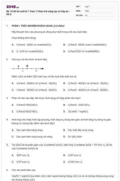 Bộ 10 đề thi cuối kì 1 Toán 7 Chân trời sáng tạo có đáp án - Đề 6