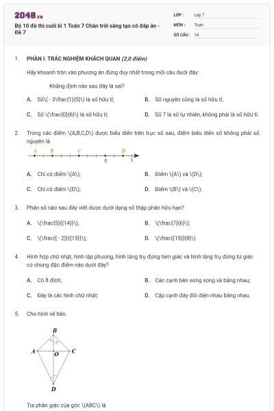 Bộ 10 đề thi cuối kì 1 Toán 7 Chân trời sáng tạo có đáp án - Đề 7