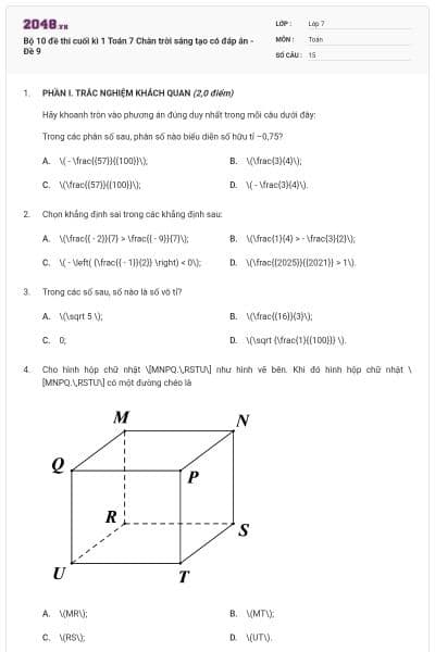 Bộ 10 đề thi cuối kì 1 Toán 7 Chân trời sáng tạo có đáp án - Đề 9