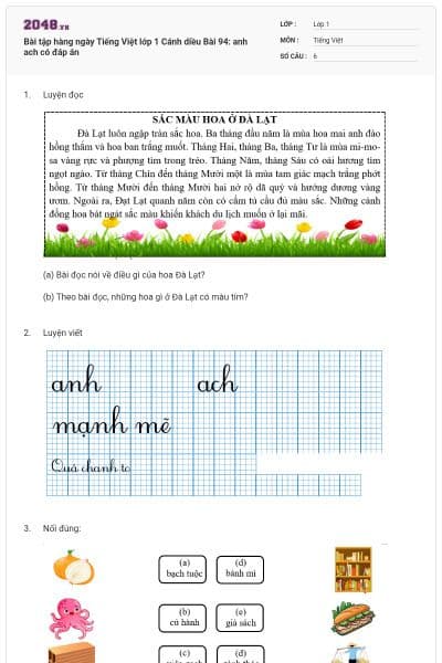 Bài tập hàng ngày Tiếng Việt lớp 1 Cánh diều Bài 94: anh ach có đáp án