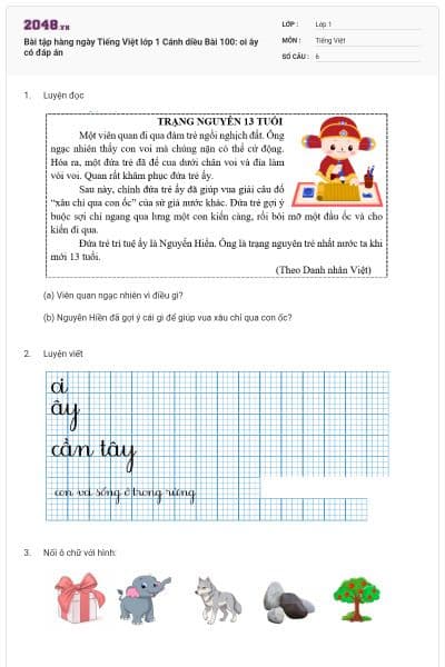 Bài tập hàng ngày Tiếng Việt lớp 1 Cánh diều Bài 100: oi ây có đáp án