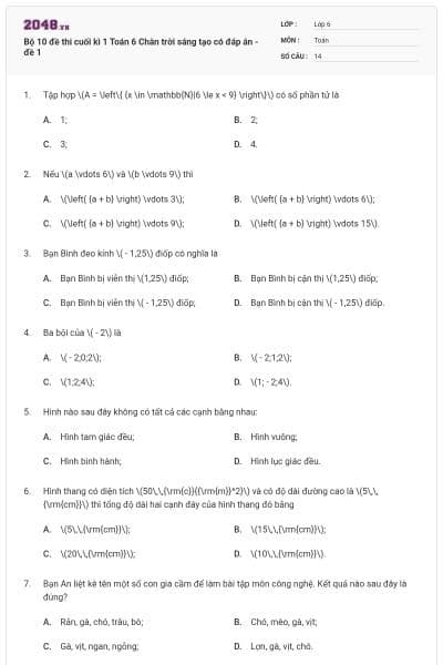 Bộ 10 đề thi cuối kì 1 Toán 6 Chân trời sáng tạo có đáp án - đề 1