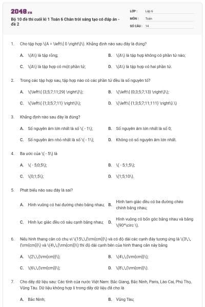 Bộ 10 đề thi cuối kì 1 Toán 6 Chân trời sáng tạo có đáp án - đề 2