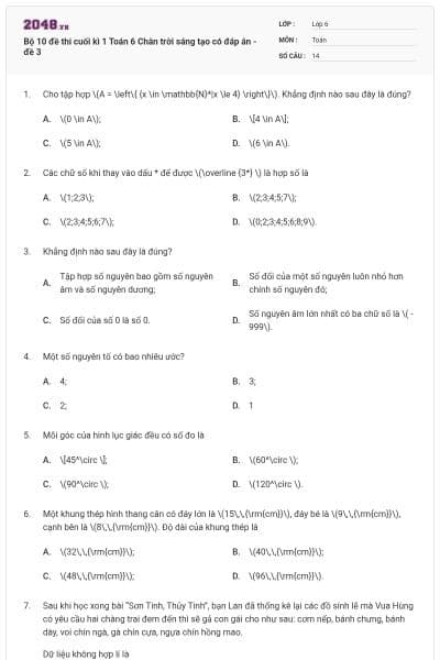 Bộ 10 đề thi cuối kì 1 Toán 6 Chân trời sáng tạo có đáp án - đề 3