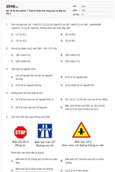 Bộ 10 đề thi cuối kì 1 Toán 6 Chân trời sáng tạo có đáp án - đề 4