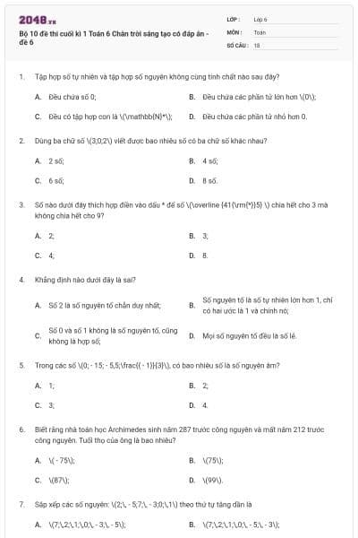 Bộ 10 đề thi cuối kì 1 Toán 6 Chân trời sáng tạo có đáp án - đề 6