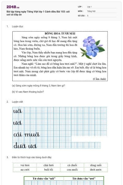 Bài tập hàng ngày Tiếng Việt lớp 1 Cánh diều Bài 103: uôi ươi có đáp án